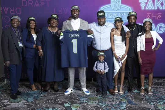 Mississippi State offensive lineman Charles Cross poses for a photo after being selected by the Seattle Seahawks during the 2022 NFL Draft on Thursday, April 28, 2022 in Las Vegas. (Jeff Bottari/NFL)