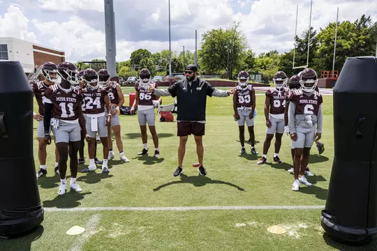 STARKVILLE, MS - August 05, 2022 - Mississippi State Inside Receivers Coach Drew Hollingshead during a training camp practice at the Leo Seal Jr. Football Complex at Mississippi State University in Starkville, MS. Photo By Austin Perryman