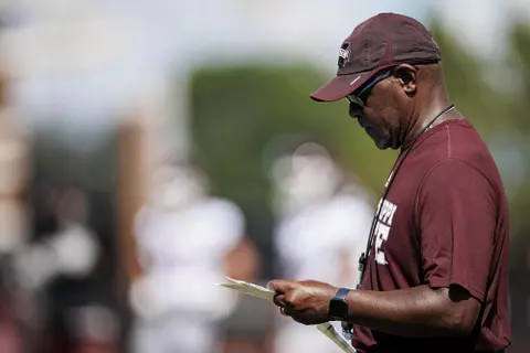 STARKVILLE, MS - August 05, 2022 - Mississippi State Associate Head Coach & Nickelbacks Coach Tony Hughes during a training camp practice at the Leo Seal Jr. Football Complex at Mississippi State University in Starkville, MS. Photo By Austin Perryman