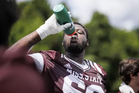 STARKVILLE, MS - August 05, 2022 - Mississippi State Offensive Lineman Kwatrivous Johnson (#69) during a training camp practice at the Leo Seal Jr. Football Complex at Mississippi State University in Starkville, MS. Photo By Austin Perryman