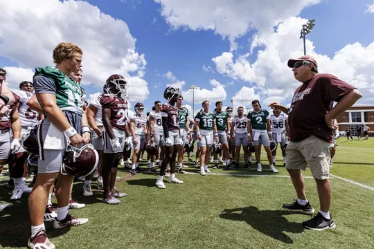 STARKVILLE, MS - August 05, 2022 - Mississippi State Head Coach Mike Leach speaks to the team during a training camp practice at the Leo Seal Jr. Football Complex at Mississippi State University in Starkville, MS. Photo By Austin Perryman