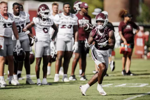 STARKVILLE, MS - August 05, 2022 - Mississippi State Running Back Jo'quavious "Woody" Marks (#7) during a training camp practice at the Leo Seal Jr. Football Complex at Mississippi State University in Starkville, MS. Photo By Austin Perryman