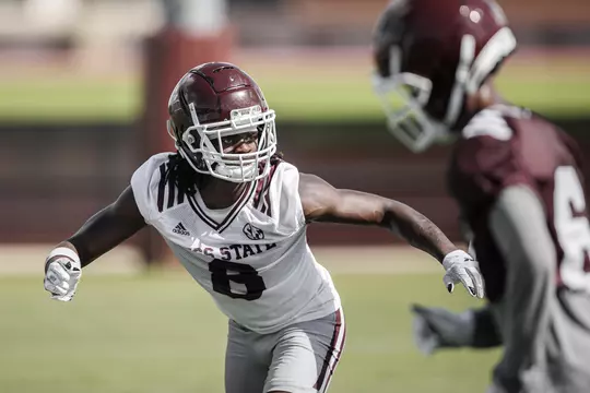 STARKVILLE, MS - August 05, 2022 - Mississippi State Defensive Back Jackie Matthews (#8) during a training camp practice at the Leo Seal Jr. Football Complex at Mississippi State University in Starkville, MS. Photo By Austin Perryman