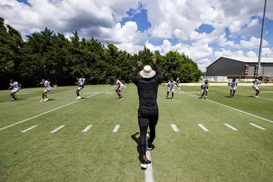 STARKVILLE, MS - August 05, 2022 - Mississippi State Cornerbacks Coach Darcel McBath during a training camp practice at the Leo Seal Jr. Football Complex at Mississippi State University in Starkville, MS. Photo By Austin Perryman