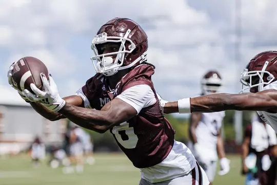 STARKVILLE, MS - August 05, 2022 - Mississippi State Wide Receiver Jordan Mosley (#8) during a training camp practice at the Leo Seal Jr. Football Complex at Mississippi State University in Starkville, MS. Photo By Austin Perryman