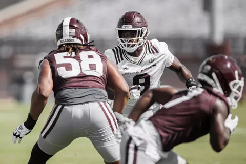 STARKVILLE, MS - August 05, 2022 - Mississippi State Linebacker/Defensive Lineman De'Monte Russell (#9) during a training camp practice at the Leo Seal Jr. Football Complex at Mississippi State University in Starkville, MS. Photo By Austin Perryman