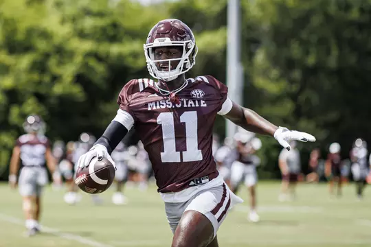 STARKVILLE, MS - August 05, 2022 - Mississippi State Wide Receiver Jaden Walley (#11) during a training camp practice at the Leo Seal Jr. Football Complex at Mississippi State University in Starkville, MS. Photo By Austin Perryman