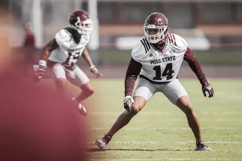 STARKVILLE, MS - August 05, 2022 - Mississippi State Linebacker Nathaniel "Bookie" Watson (#14) during a training camp practice at the Leo Seal Jr. Football Complex at Mississippi State University in Starkville, MS. Photo By Austin Perryman