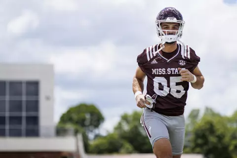 STARKVILLE, MS - August 05, 2022 - Mississippi State Wide Receiver Austin Williams (#85) during a training camp practice at the Leo Seal Jr. Football Complex at Mississippi State University in Starkville, MS. Photo By Austin Perryman