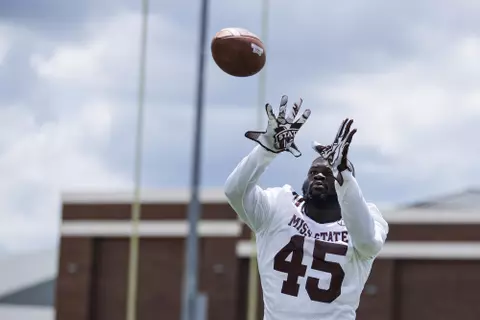 STARKVILLE, MS - August 05, 2022 - Mississippi State Linebacker Ty Cooper (#45) during a training camp practice at the Leo Seal Jr. Football Complex at Mississippi State University in Starkville, MS. Photo By Mike Mattina
