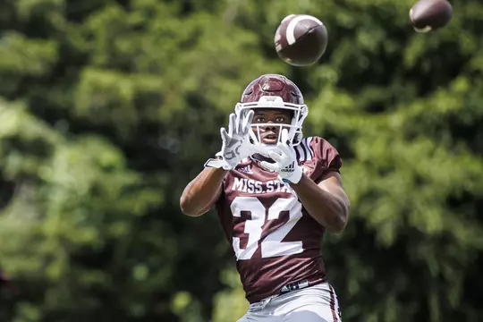 STARKVILLE, MS - August 05, 2022 - Mississippi State Running Back JJ Jernighan (#32) during a training camp practice at the Leo Seal Jr. Football Complex at Mississippi State University in Starkville, MS. Photo By Mike Mattina
