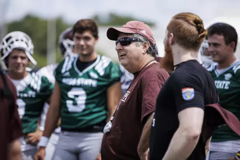 STARKVILLE, MS - August 05, 2022 - Mississippi State Head Coach Mike Leach during a training camp practice at the Leo Seal Jr. Football Complex at Mississippi State University in Starkville, MS. Photo By Mike Mattina