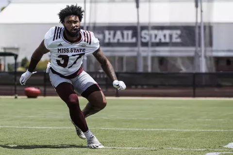 STARKVILLE, MS - August 05, 2022 - Mississippi State Linebacker John Lewis (#37) during a training camp practice at the Leo Seal Jr. Football Complex at Mississippi State University in Starkville, MS. Photo By Mike Mattina