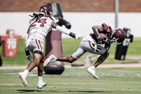 STARKVILLE, MS - August 06, 2022 - Mississippi State Wide Receiver Jamire Calvin (#6) during a training camp practice at the Leo Seal Jr. Football Complex at Mississippi State University in Starkville, MS. Photo By Austin Perryman