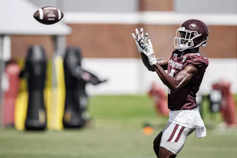 STARKVILLE, MS - August 06, 2022 - Mississippi State Wide Receiver Caleb Ducking (#4) during a training camp practice at the Leo Seal Jr. Football Complex at Mississippi State University in Starkville, MS. Photo By Austin Perryman