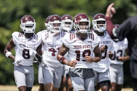 STARKVILLE, MS - August 06, 2022 - Mississippi State Defensive Back Collin Duncan (#19) during a training camp practice at the Leo Seal Jr. Football Complex at Mississippi State University in Starkville, MS. Photo By Austin Perryman