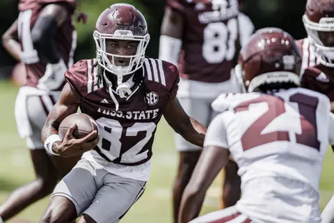 STARKVILLE, MS - August 06, 2022 - Mississippi State Wide Receiver Rufus Harvey (#82) during a training camp practice at the Leo Seal Jr. Football Complex at Mississippi State University in Starkville, MS. Photo By Austin Perryman