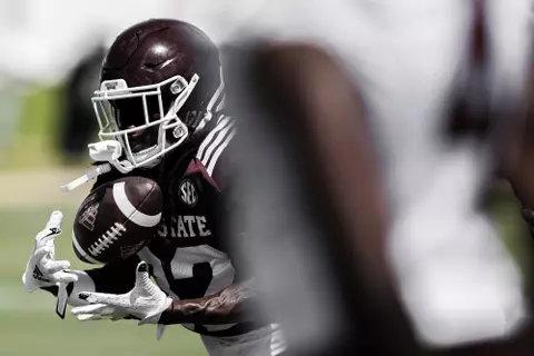 STARKVILLE, MS - August 06, 2022 - Mississippi State Wide Receiver Rufus Harvey (#82) during a training camp practice at the Leo Seal Jr. Football Complex at Mississippi State University in Starkville, MS. Photo By Austin Perryman