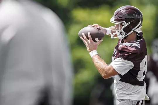 STARKVILLE, MS - August 06, 2022 - Mississippi State Wide Receiver Austin Williams (#85) during a training camp practice at the Leo Seal Jr. Football Complex at Mississippi State University in Starkville, MS. Photo By Austin Perryman