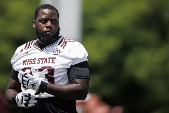 STARKVILLE, MS - August 06, 2022 - Mississippi State Defensive Lineman Cameron Young (#93) during a training camp practice at the Leo Seal Jr. Football Complex at Mississippi State University in Starkville, MS. Photo By Austin Perryman