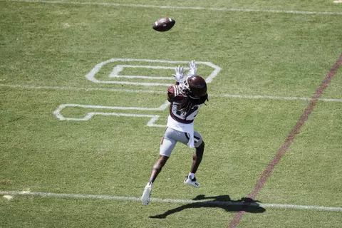 STARKVILLE, MS - August 06, 2022 - Mississippi State Wide Receiver Rufus Harvey (#82) during a training camp practice at the Leo Seal Jr. Football Complex at Mississippi State University in Starkville, MS. Photo By Mike Mattina