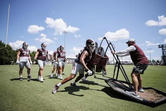 STARKVILLE, MS - August 06, 2022 - Mississippi State Offensive Lineman Percy Lewis (#75) during a training camp practice at the Leo Seal Jr. Football Complex at Mississippi State University in Starkville, MS. Photo By Mike Mattina