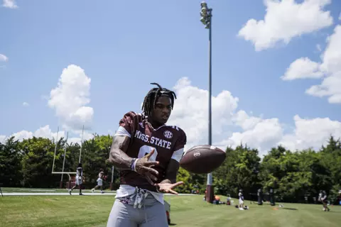 STARKVILLE, MS - August 06, 2022 - Mississippi State Wide Receiver Jordan Mosley (#8) during a training camp practice at the Leo Seal Jr. Football Complex at Mississippi State University in Starkville, MS. Photo By Mike Mattina