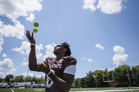 STARKVILLE, MS - August 06, 2022 - Mississippi State Wide Receiver Jordan Mosley (#8) during a training camp practice at the Leo Seal Jr. Football Complex at Mississippi State University in Starkville, MS. Photo By Mike Mattina
