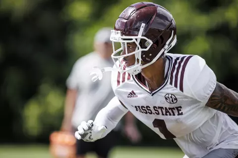 STARKVILLE, MS - August 08, 2022 -Mississippi State Defensive Back Marcus Banks (#1) during a training camp practice at the Leo Seal Jr. Football Complex at Mississippi State University in Starkville, MS. Photo By Kevin Snyder