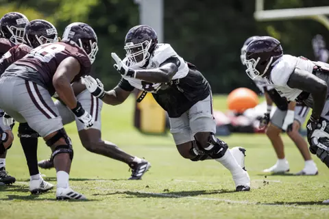 STARKVILLE, MS - August 08, 2022 - Mississippi State Defensive Lineman Cameron Young (#93) during a training camp practice at the Leo Seal Jr. Football Complex at Mississippi State University in Starkville, MS. Photo By Kevin Snyder
