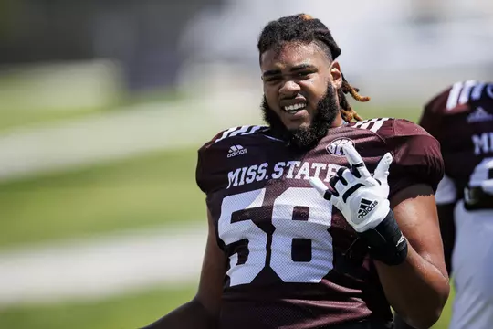 STARKVILLE, MS - August 08, 2022 - Mississippi State Offensive Lineman Kameron Jones (#58) during a training camp practice at the Leo Seal Jr. Football Complex at Mississippi State University in Starkville, MS. Photo By Mike Mattina