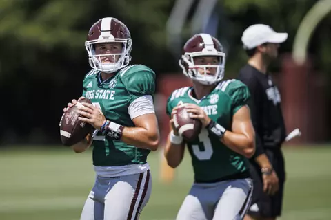 STARKVILLE, MS - August 08, 2022 - Mississippi State Quarterback Will Rogers (#2) during a training camp practice at the Leo Seal Jr. Football Complex at Mississippi State University in Starkville, MS. Photo By Mike Mattina