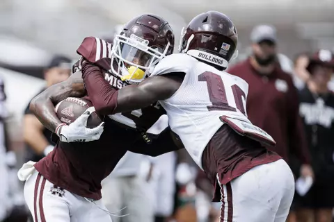 STARKVILLE, MS - August 13, 2022 - Mississippi State Wide Receiver Jamire Calvin (#6) during a fall camp scrimmage at Davis Wade Stadium at Scott Field in Starkville, MS. Photo By Austin Perryman