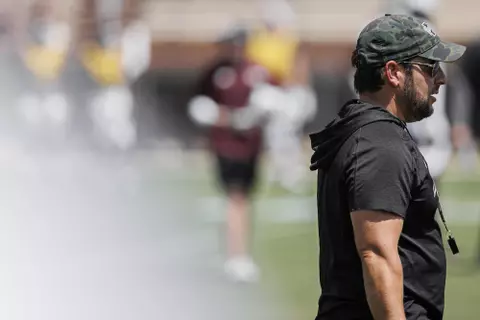 STARKVILLE, MS - August 13, 2022 - Mississippi State Special Teams Coordinator Eric Mele during a fall camp scrimmage at Davis Wade Stadium at Scott Field in Starkville, MS. Photo By Austin Perryman