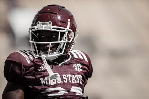 STARKVILLE, MS - August 13, 2022 - Mississippi State Running Back Simeon Price (#22) during a fall camp scrimmage at Davis Wade Stadium at Scott Field in Starkville, MS. Photo By Austin Perryman