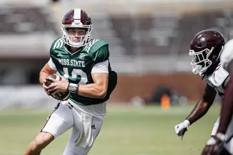 STARKVILLE, MS - August 13, 2022 - Mississippi State Quarterback Sawyer Robertson (#12) during a fall camp scrimmage at Davis Wade Stadium at Scott Field in Starkville, MS. Photo By Austin Perryman