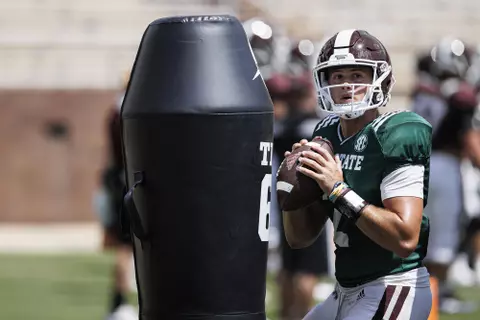STARKVILLE, MS - August 13, 2022 - Mississippi State Quarterback Will Rogers (#2) during a fall camp scrimmage at Davis Wade Stadium at Scott Field in Starkville, MS. Photo By Austin Perryman