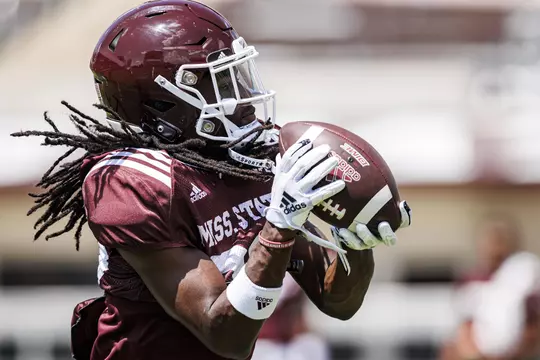 STARKVILLE, MS - August 13, 2022 - Mississippi State Wide Receiver Rufus Harvey (#82) during the first fall scrimmage at Davis Wade Stadium at Scott Field in Starkville, MS. Photo By Kevin Snyder