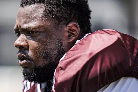 STARKVILLE, MS - August 13, 2022 - Mississippi State Offensive Lineman Kwatrivous Johnson (#69) during the first fall scrimmage at Davis Wade Stadium at Scott Field in Starkville, MS. Photo By Kevin Snyder