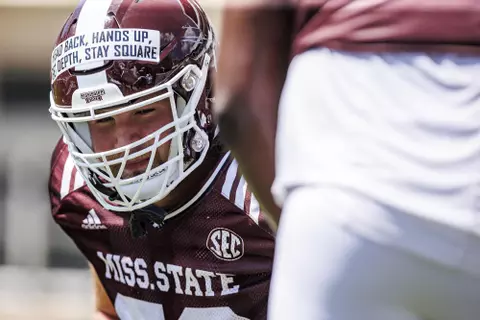 STARKVILLE, MS - August 13, 2022 - Mississippi State Offensive Lineman Jakson LaHue (#79) during the first fall scrimmage at Davis Wade Stadium at Scott Field in Starkville, MS. Photo By Kevin Snyder