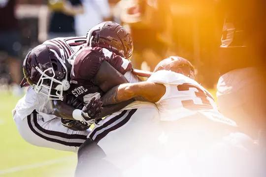 STARKVILLE, MS - August 13, 2022 - Mississippi State Running Back Simeon Price (#22) during the first fall scrimmage at Davis Wade Stadium at Scott Field in Starkville, MS. Photo By Kevin Snyder