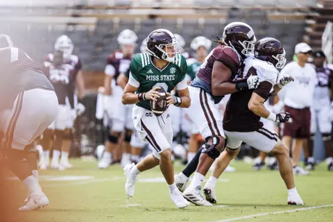STARKVILLE, MS - August 13, 2022 - Mississippi State Quarterback Will Rogers (#2) during the first fall scrimmage at Davis Wade Stadium at Scott Field in Starkville, MS. Photo By Kevin Snyder