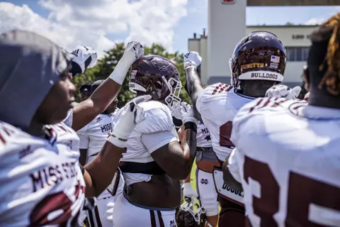 STARKVILLE, MS - August 13, 2022 - The Mississippi State Bulldogs during the first fall scrimmage at Davis Wade Stadium at Scott Field in Starkville, MS. Photo By Kevin Snyder