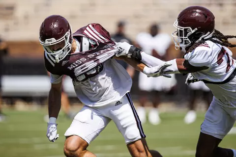 STARKVILLE, MS - August 13, 2022 - Mississippi State Wide Receiver Austin Williams (#85) during the first fall scrimmage at Davis Wade Stadium at Scott Field in Starkville, MS. Photo By Kevin Snyder