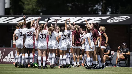 STARKVILLE, MS - August 14, 2022 - The Mississippi State Bulldogs huddle before the exhibition match between the Southeastern Louisiana Lions and the Mississippi State Bulldogs at the MSU Soccer Field in Starkville, MS. Photo By Austin Perryman