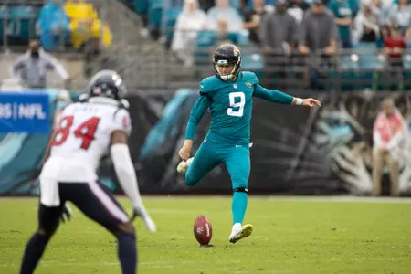Dec 19, 2021; Jacksonville, Florida, USA; Jacksonville Jaguars punter Logan Cooke (9) kicks the ball during the second half against the Houston Texans at TIAA Bank Field. Mandatory Credit: Matt Pendleton-USA TODAY Sports