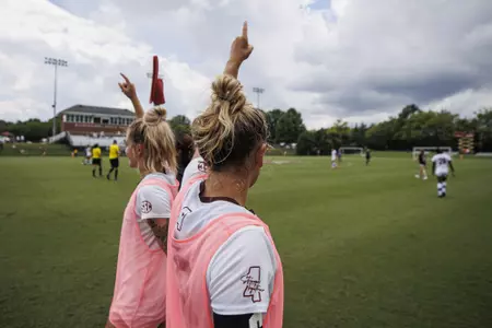 STARKVILLE, MS - September 11, 2022 - Mississippi State Midfielder Alyssa D'Aloise (#10) and Mississippi State Midfielder Macey Hodge (#4) react after the match between the Presbyterian Blue Hose and the Mississippi State Bulldogs at the MSU Soccer Field in Starkville, MS. Photo By Mike Mattina