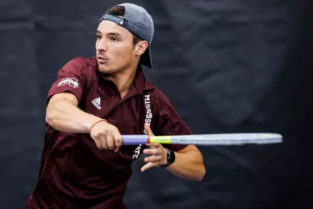 STARKVILLE, MS - April 17, 2022 - Mississippi State's Carles Hernandez during the match between the Kentucky Wildcats and the Mississippi State Bulldogs at the Rula Tennis Pavilion in Starkville, MS. Photo By Kevin Snyder