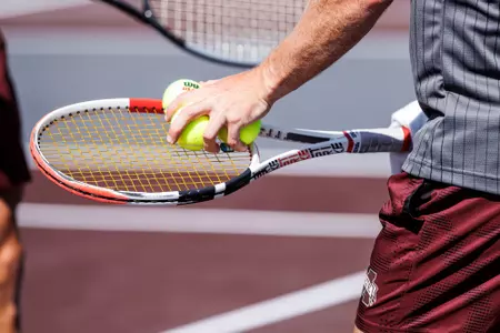 STARKVILLE, MS - April 15, 2022 - Tennis racket during the match between the Vanderbilt Commodores and the Mississippi State Bulldogs at the AJ Pitts Tennis Centre in Starkville, MS. Photo By Kevin Snyder