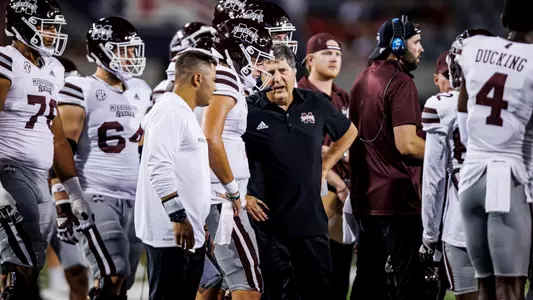 TUCSON, AZ - September 11, 2022 - Mississippi State Head Coach Mike Leach and Mississippi State Quarterback Will Rogers (#2) during the game between the Mississippi State Bulldogs and the Arizona Wildcats at Arizona Stadium in Tucson, AZ. Photo By Kevin Snyder